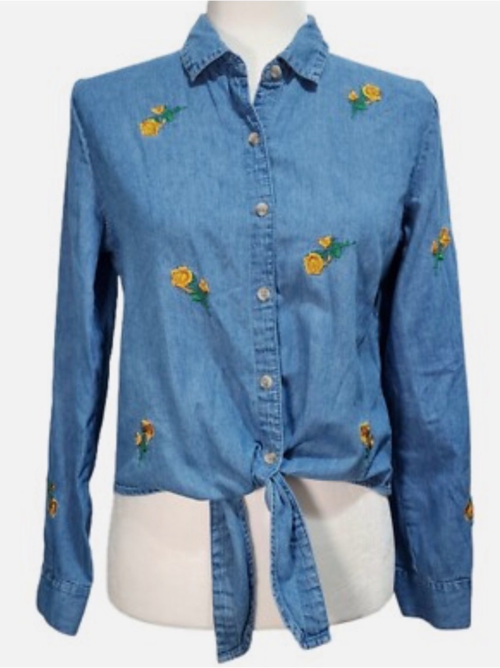 Embroidered Tie-Front Chambray Button-Down Shirt - Blue